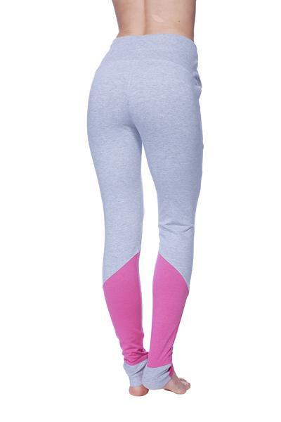 Women’s straight-leg long performance yoga pant in heather gray and bright pink color block with high waistband