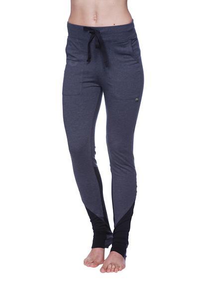 Women’s straight-leg long performance yoga pant in dark gray and black with drawstring waistband and side pockets
