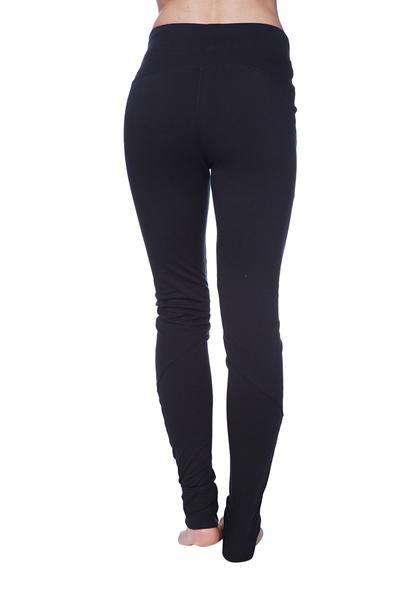 Black form-fitting straight-leg performance yoga pant made of stretchy fabric for women in long length