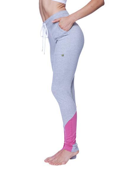 Women’s straight-leg performance yoga pant in light gray and pink color-blocked design with drawstring waistband