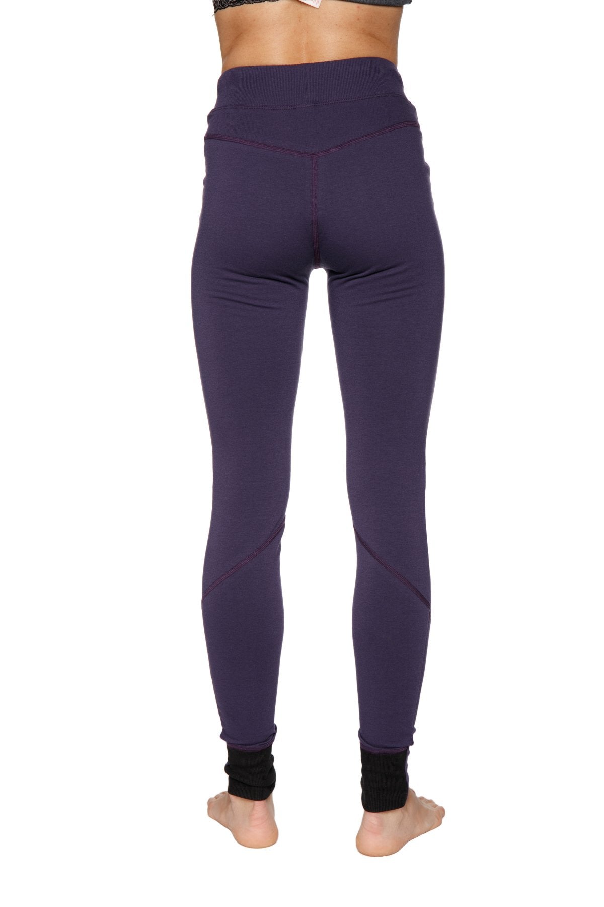 Women’s straight-leg long performance yoga pant in purple with black ribbed cuffs high-waisted leggings