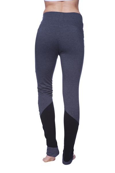 Women’s straight-leg long performance yoga pant in dark gray and black with snug fit and contrasting lower leg panels