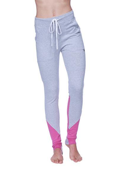 Women’s straight-leg long performance yoga pant in gray and pink with drawstring waistband and athletic fit