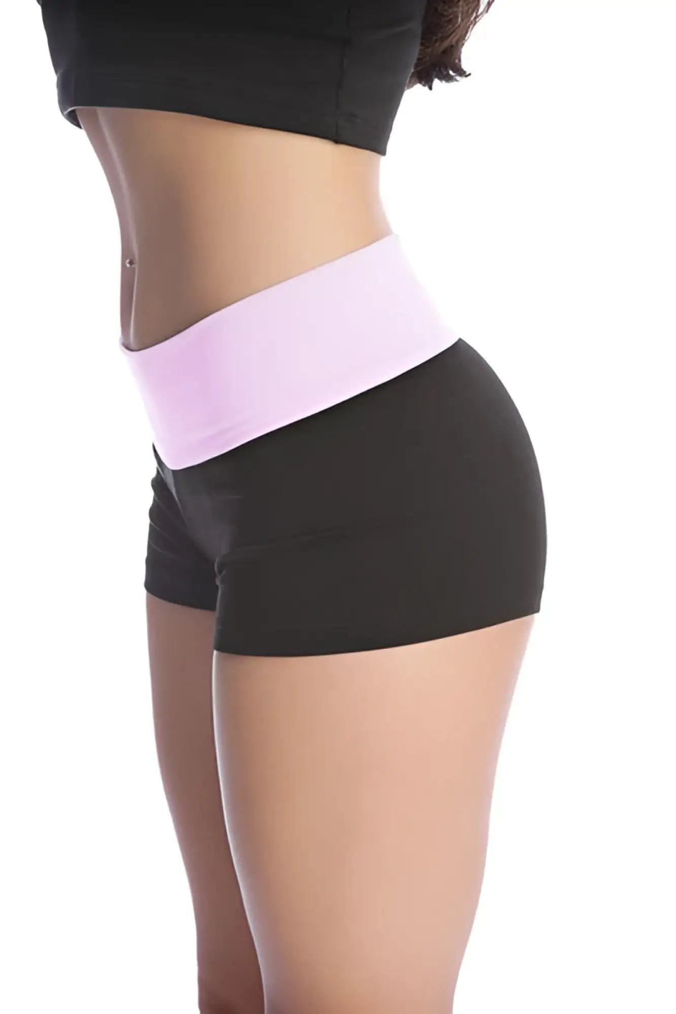 Womens yoga transition short in black with a wide light pink elastic waistband designed for athletic use