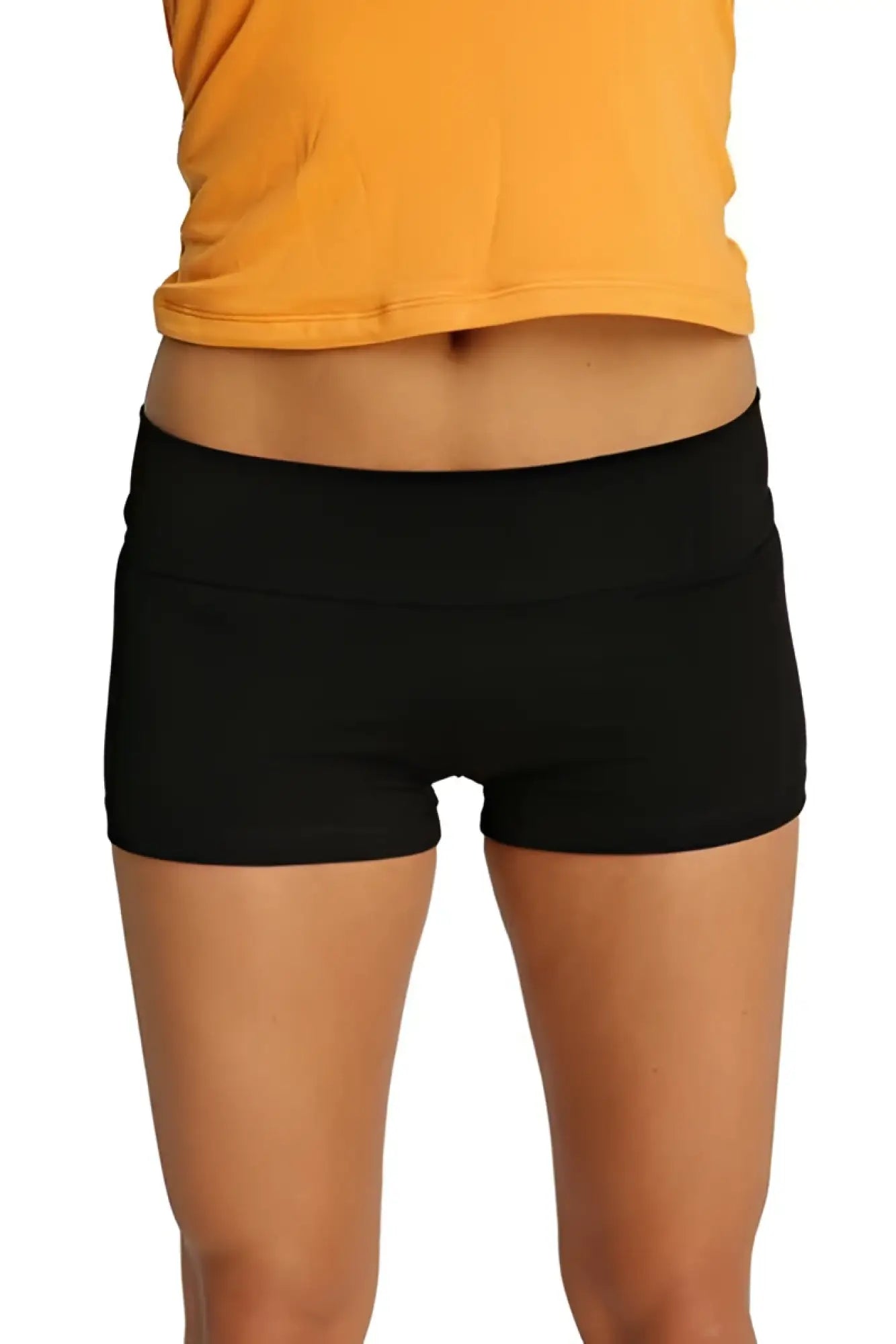 Womens yoga transition short in black with a wide elastic waistband and a form-fitting design