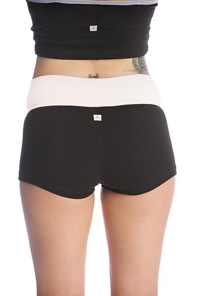 Womens yoga transition short in black and white two tone with high waisted snug fit for comfortable workouts
