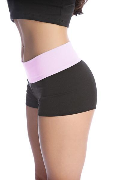 Womens yoga transition short in black with a wide light pink elastic waistband designed for athletic use