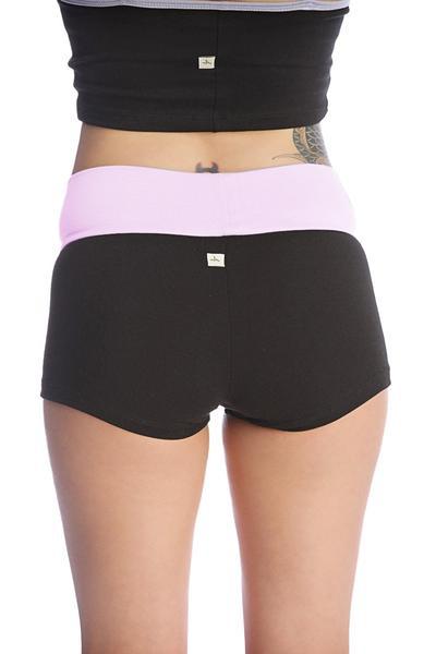 Womens yoga transition short in black and light pink with a soft stretchy fabric waistband for comfort