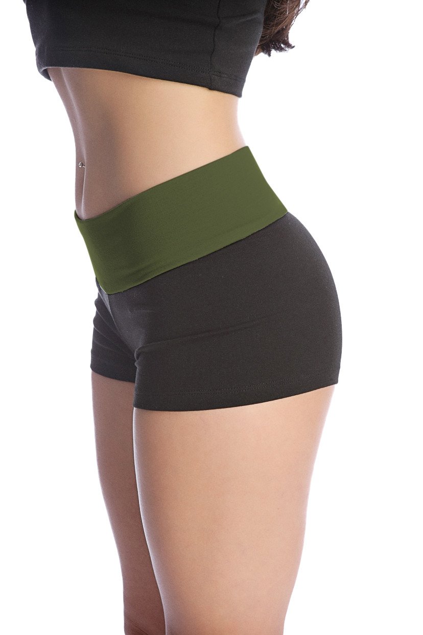 Womens yoga transition shorts in black and olive green with high waist and wide elastic waistband for comfort