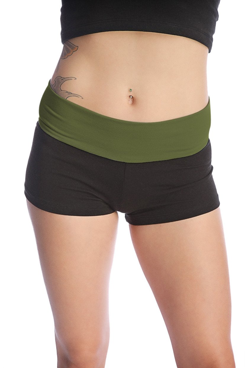 Womens yoga transition shorts in black with olive green elastic waistband designed for comfortable movement