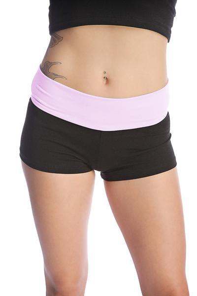 Womens yoga transition shorts in black with a light pink elastic waistband designed for athletic wear