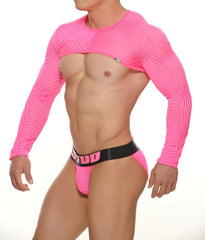 Bright pink wrangler l s crop top with ribbed texture long sleeves and black waistband featuring stud branding