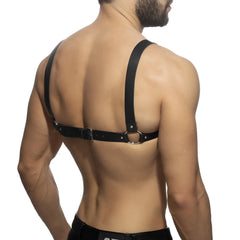 Black leather harness x-cross with adjustable straps and metal buckles for secure and customizable fit
