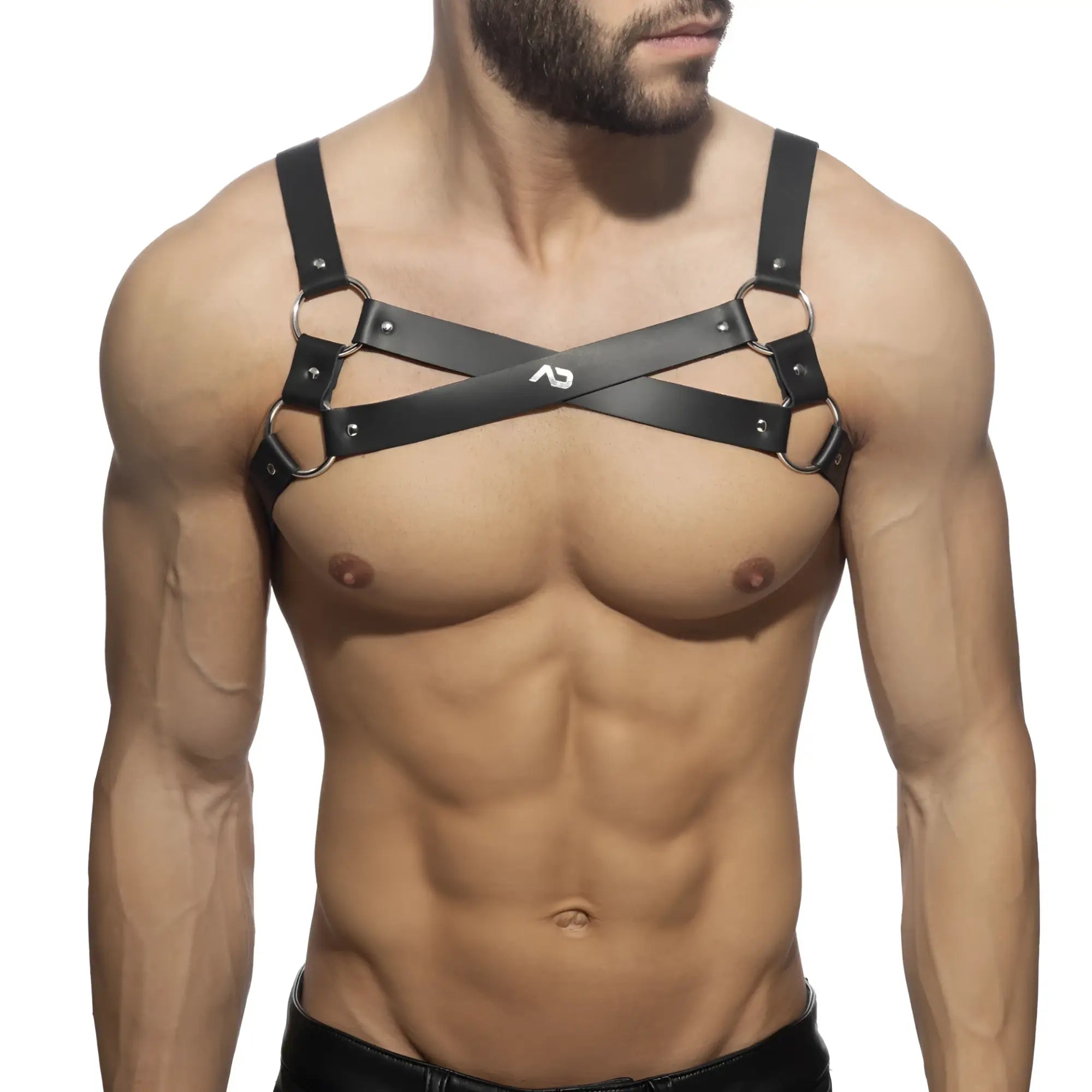 Black leather x-cross leather harness with silver metal rings and studs featuring cross-over chest design