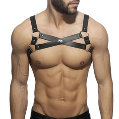 Black leather x-cross leather harness with silver metal rings and studs featuring cross-over chest design