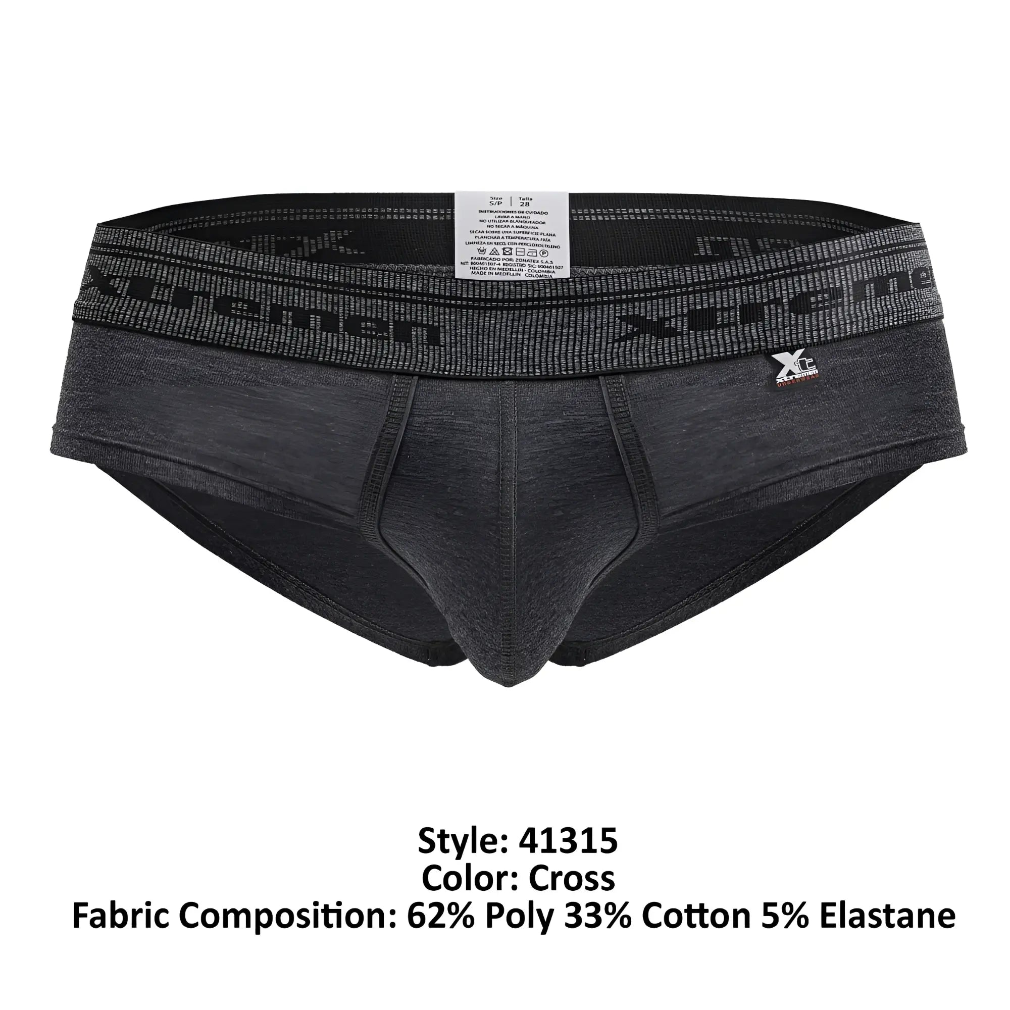 Dark gray heathered men’s briefs with black xtreme waistband and xp brand emblem in cotton blend material