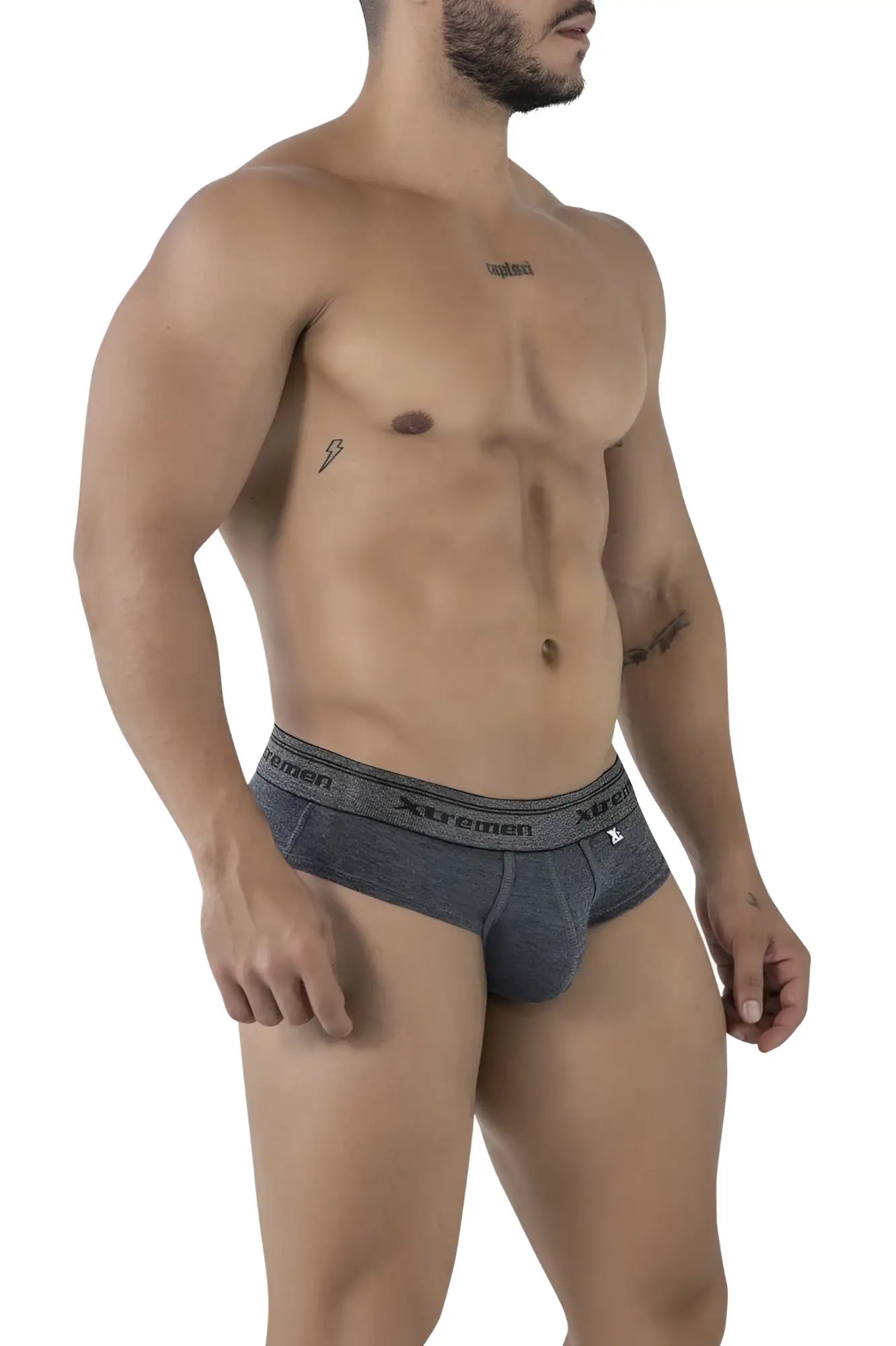 Gray heathered cotton blend briefs with a black xtremen logo waistband from the xtremen 41315 collection