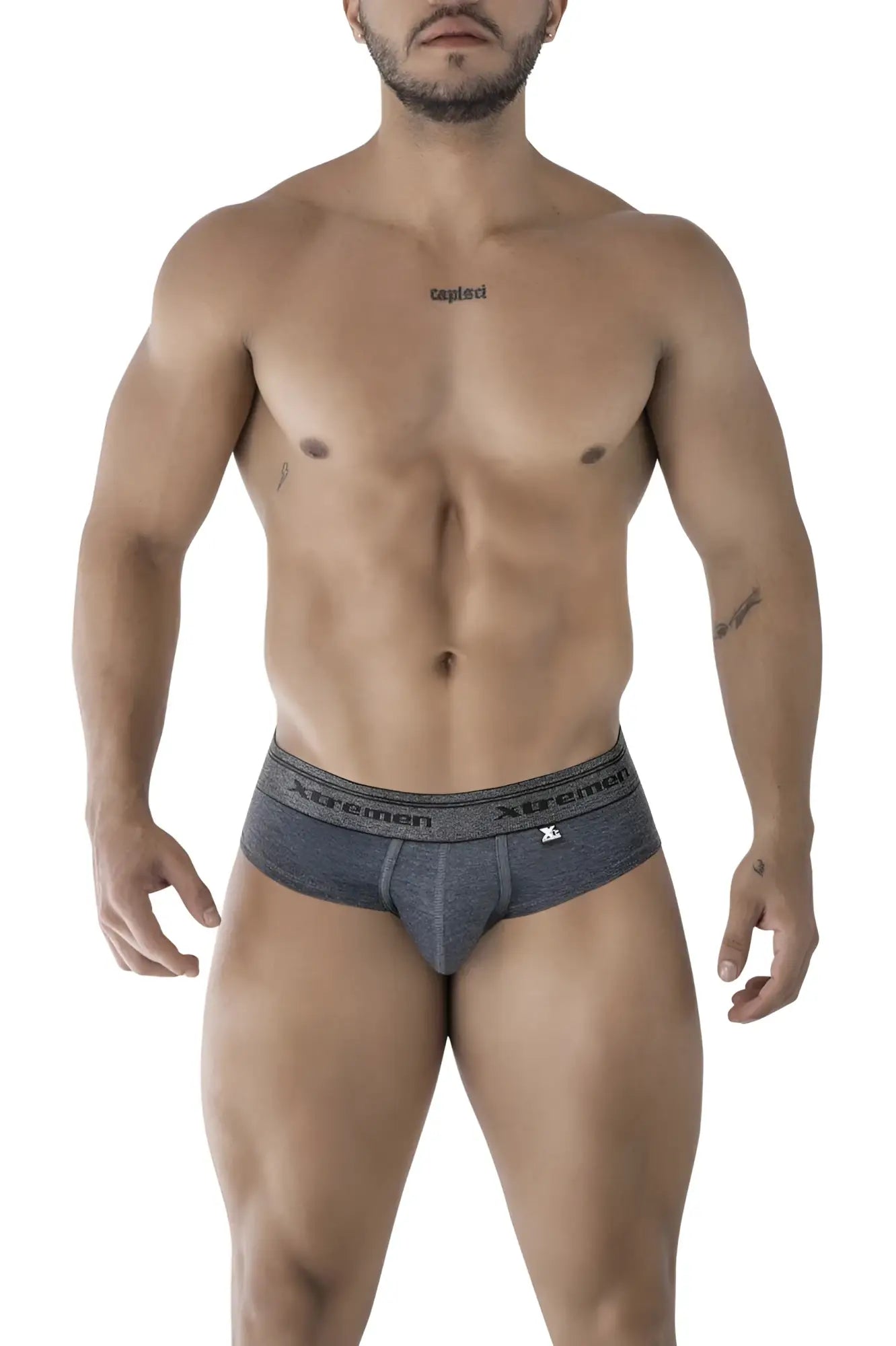 Gray textured men’s briefs with a branded waistband made from cotton blend by xtremen 41315 color cross