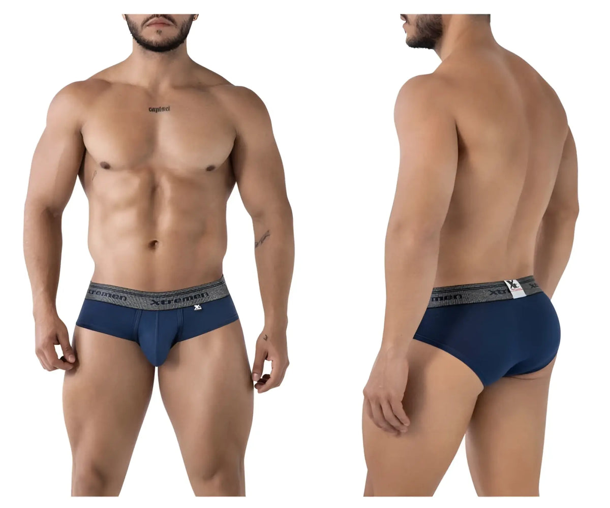 Navy blue men’s briefs with gray elastic waistband featuring xtremen logo in cotton blend fabric size xl