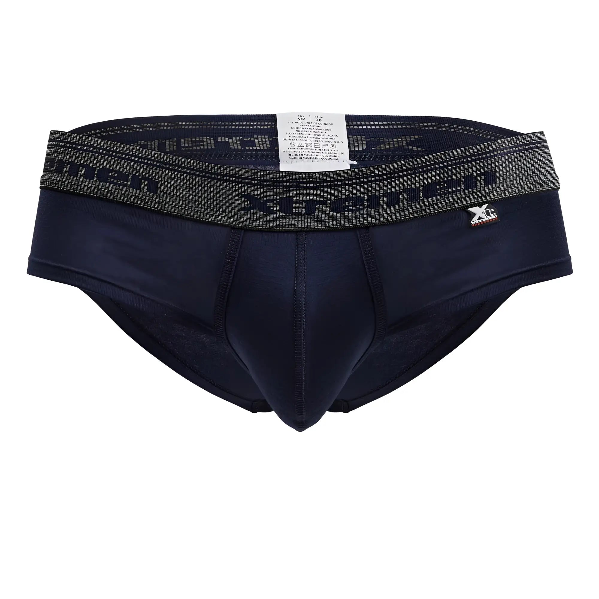 Navy blue xtremen 41315 cotton blend men’s briefs with textured gray waistband featuring brand name and logo