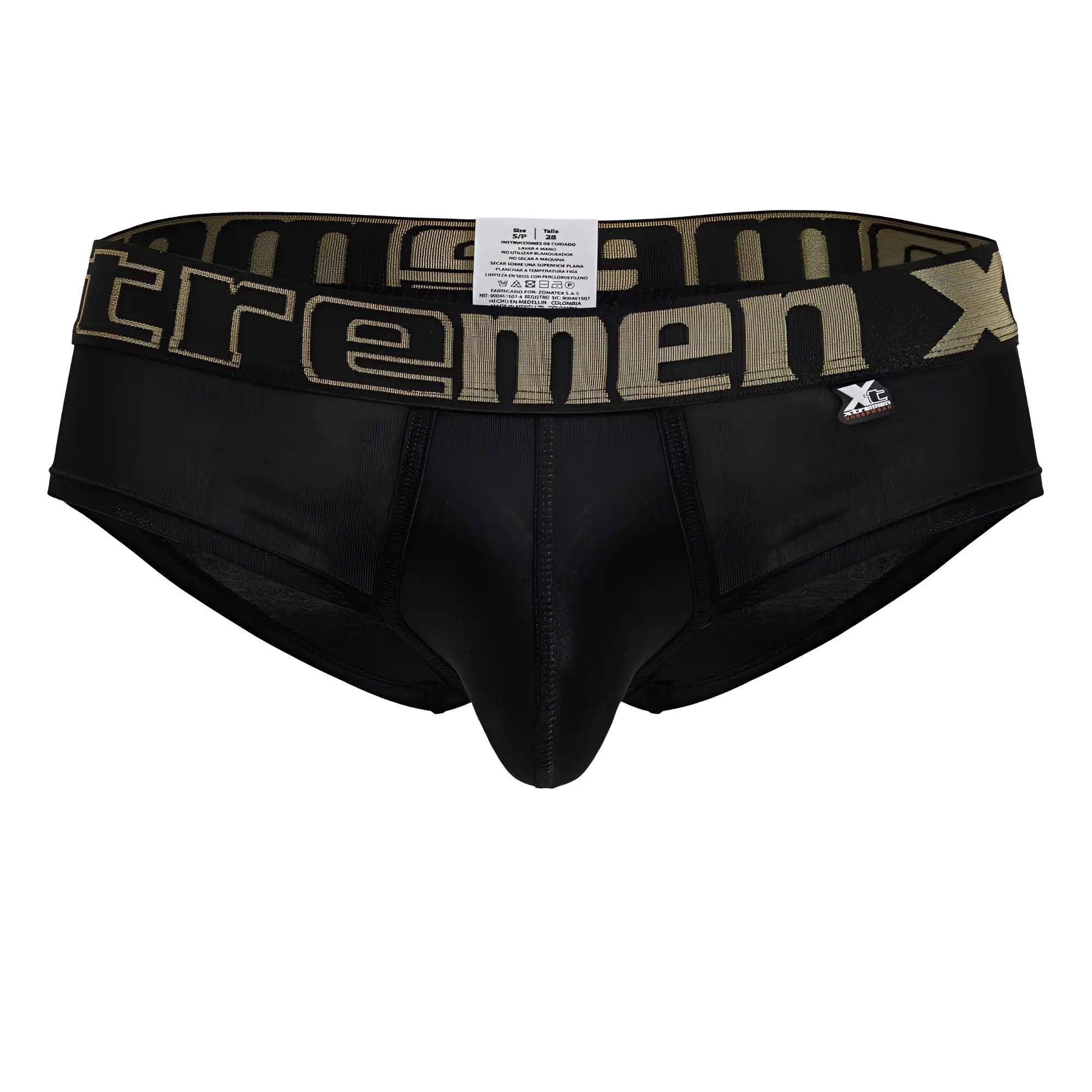 Black xtremen 41316 microfiber briefs featuring a camouflage waistband with the xtremen logo in olive green