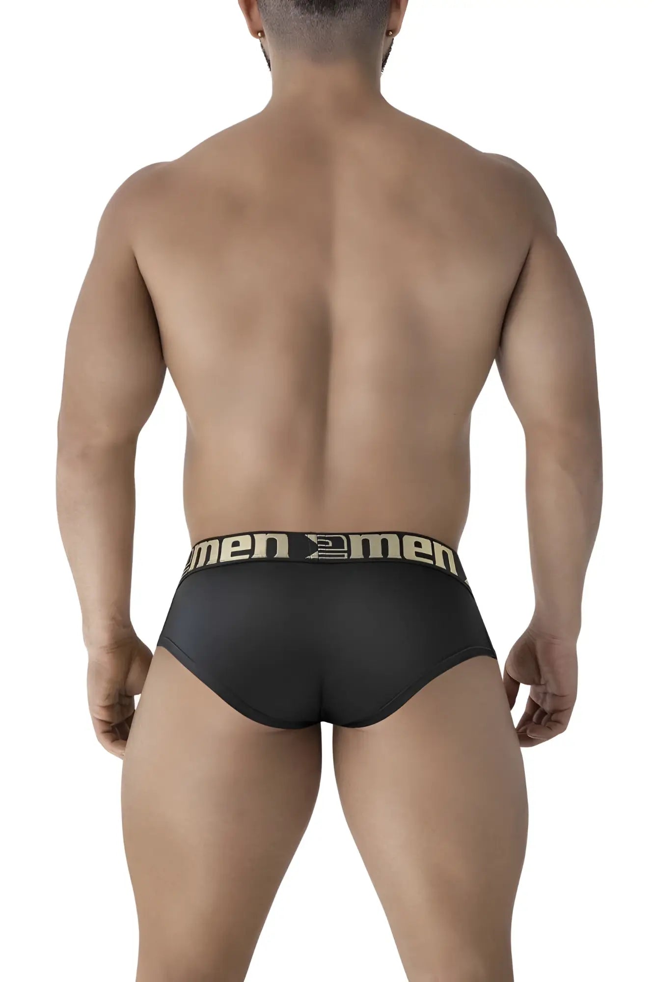Black mens microfiber briefs with gold and black men2men waistband logo xtremen 41316 color black