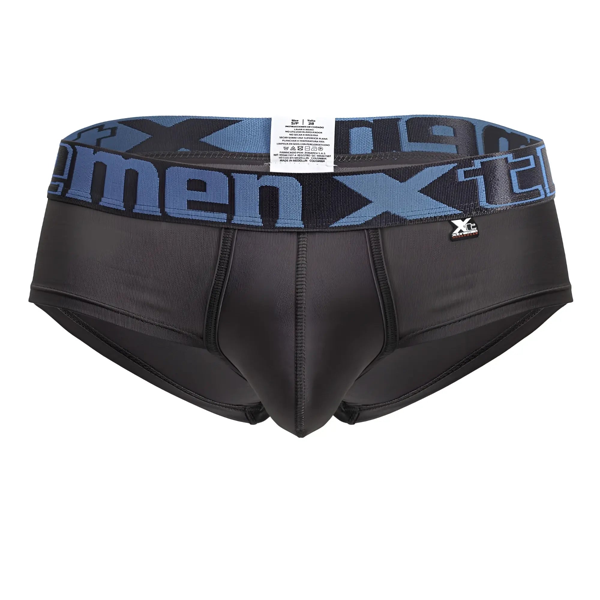 Black men’s gray xtremen 41316 microfiber briefs with a blue x-men logo band and xc brand tag visible