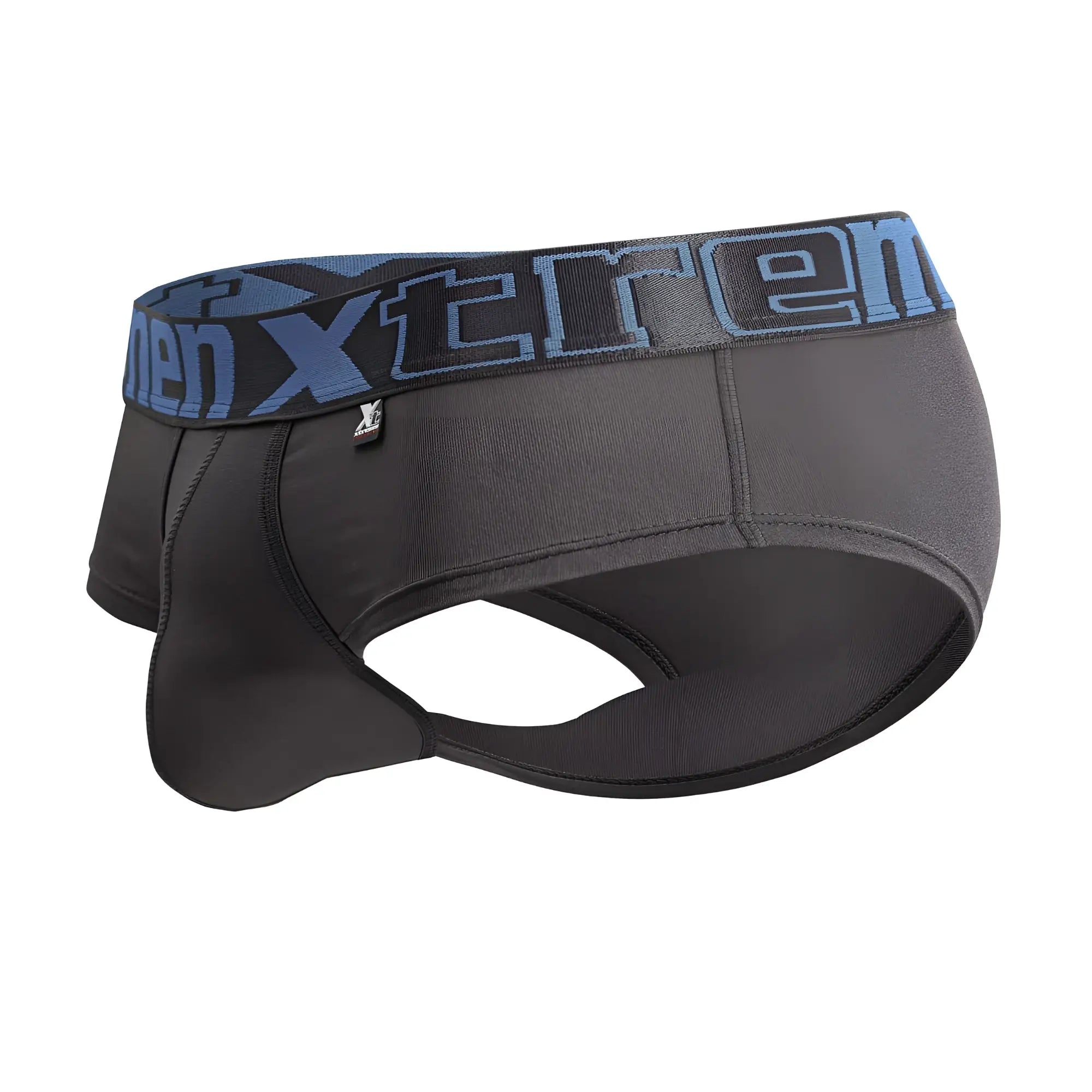 Gray xtremen 41316 microfiber briefs with a blue xtreme waistband featuring the brand logo for men