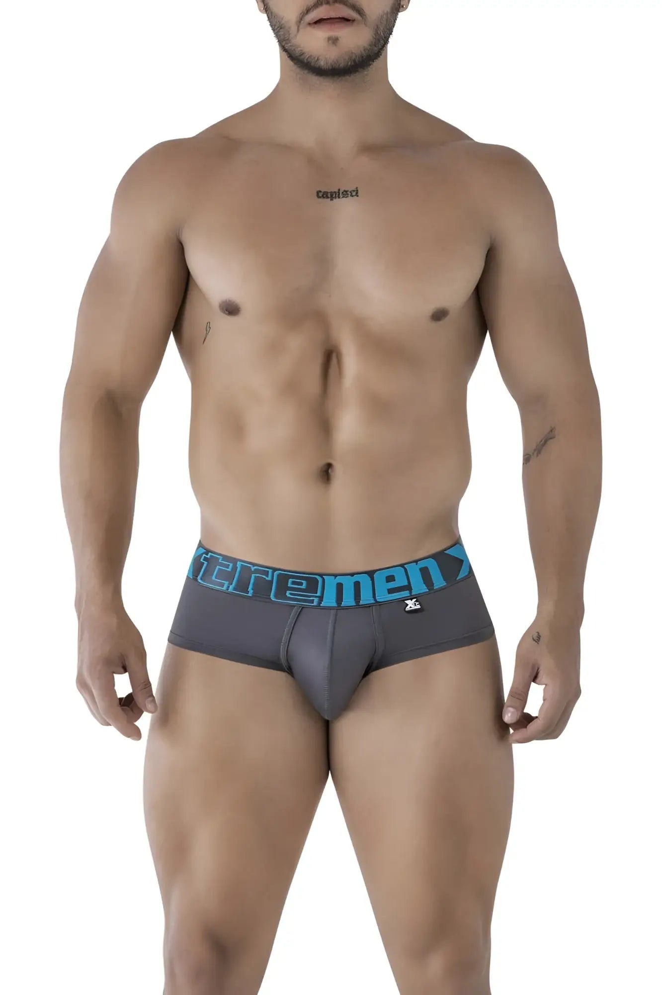 Gray xtremen 41316 microfiber men’s briefs with blue elastic waistband featuring extrememen logo in bold lettering