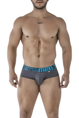Gray xtremen 41316 microfiber men’s briefs with blue elastic waistband featuring extrememen logo in bold lettering