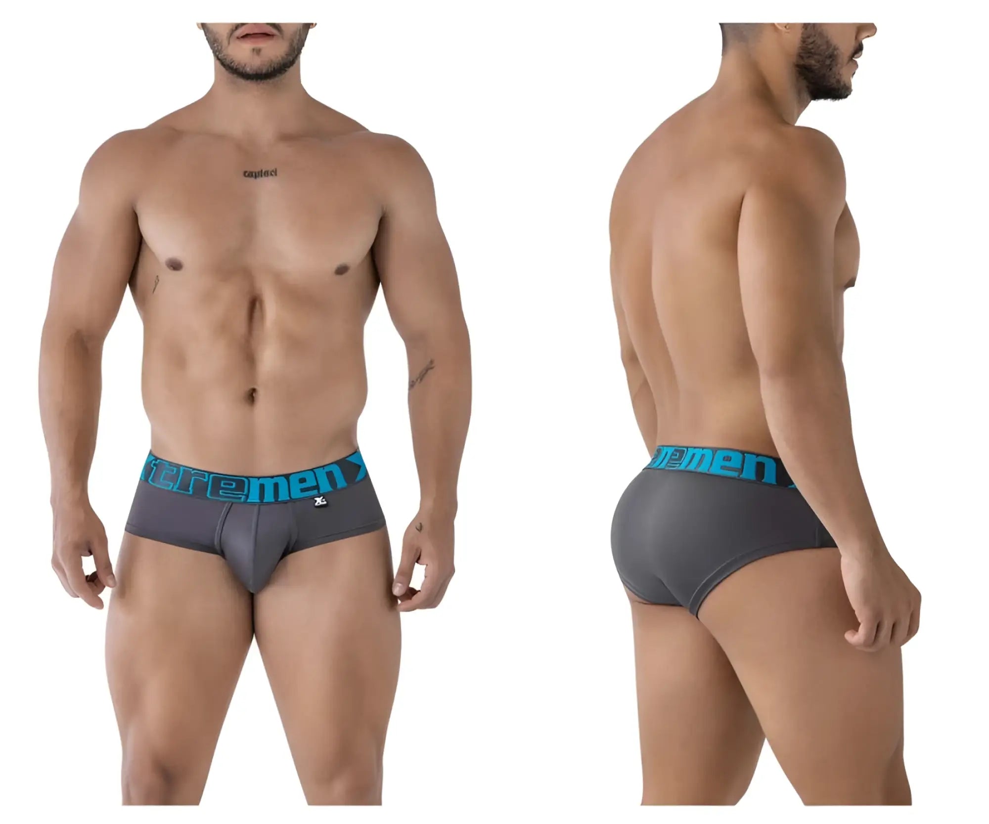 Gray xtremen 41316 microfiber men’s briefs with a teal elastic waistband featuring the logo and brand emblem