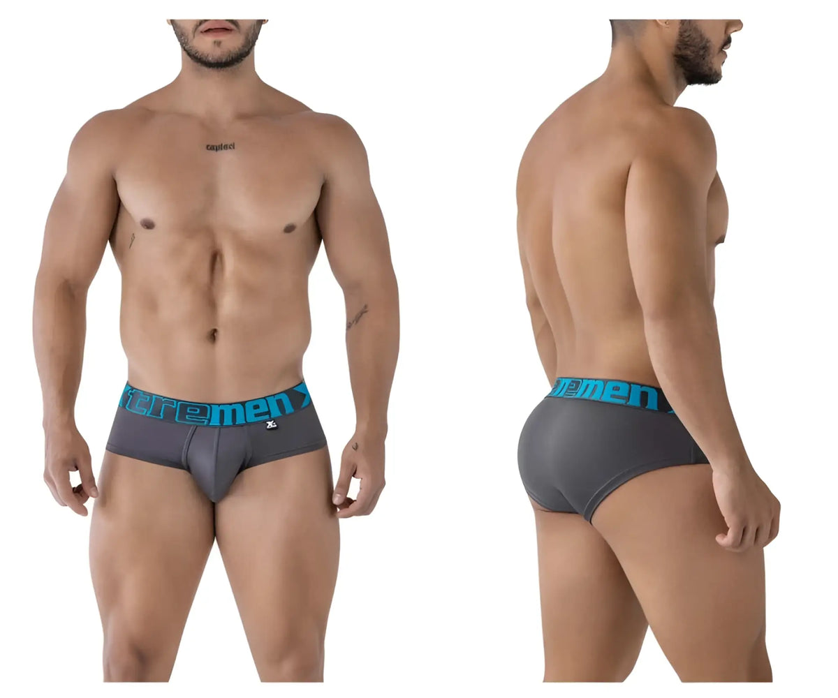 Gray xtremen 41316 microfiber men’s briefs with a teal elastic waistband featuring the logo and brand emblem