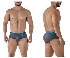 Gray xtremen 41316 microfiber men’s briefs with a teal elastic waistband featuring the logo and brand emblem
