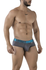 Gray xtrememen microfiber briefs with a bright blue elastic waistband featuring bold Xtremen branding