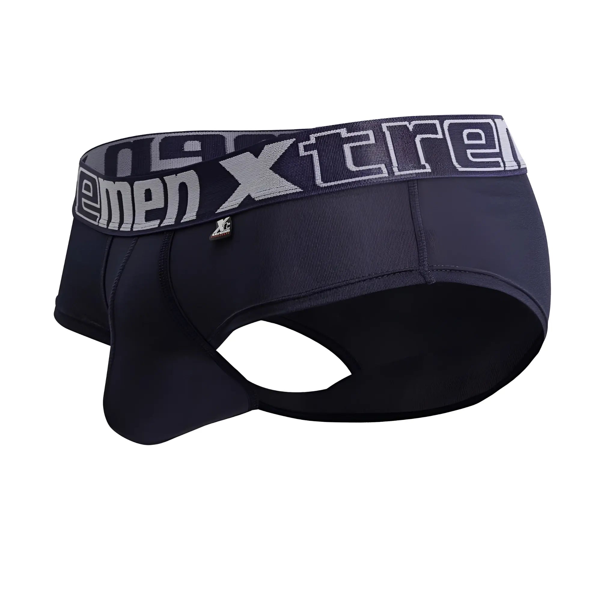 Black men’s microfiber briefs in navy with a gray elastic waistband featuring the xtreme logo in white