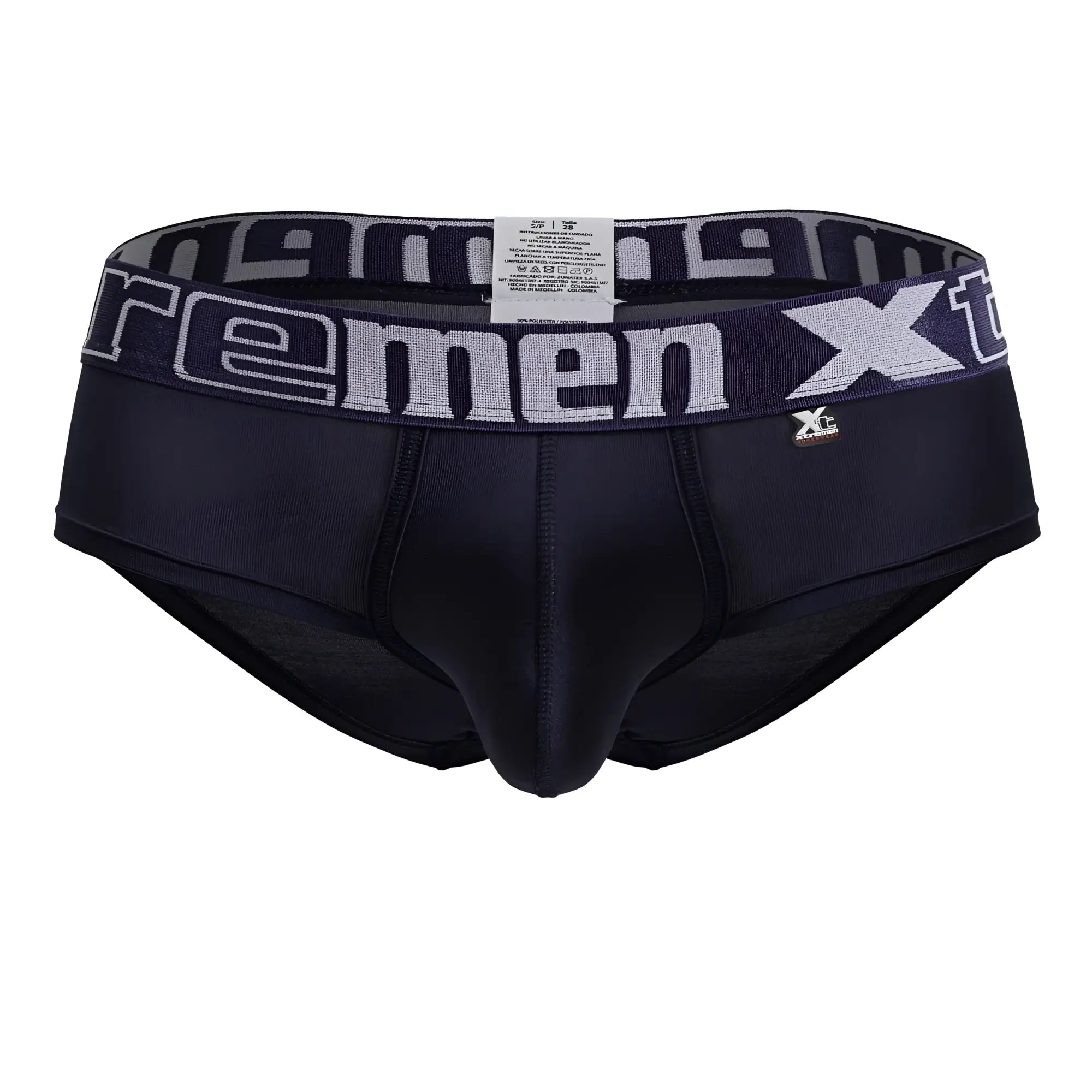 Black men’s microfiber briefs in navy with gray and white xtreme branded waistband for comfortable wear