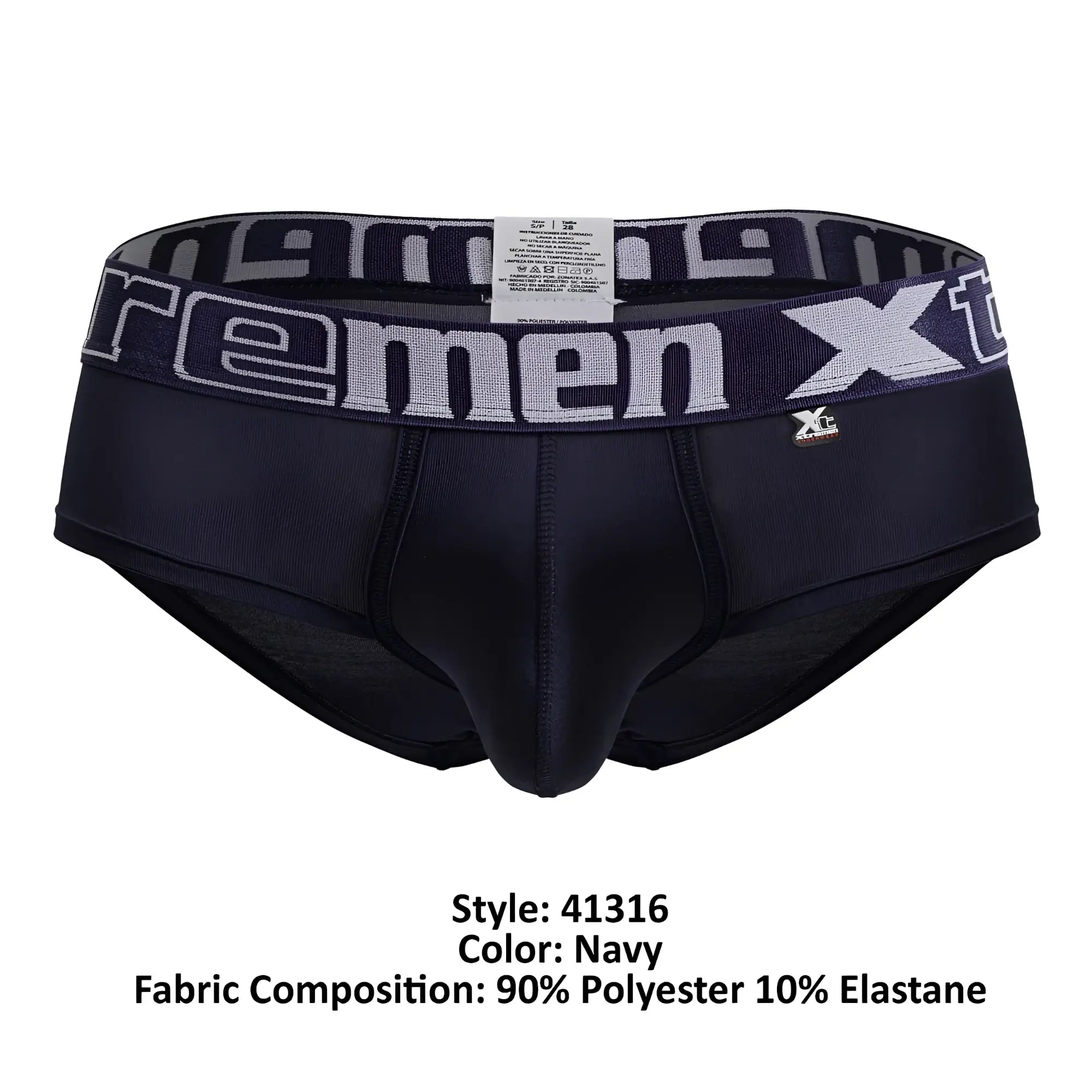 Navy xtremen 41316 microfiber men’s briefs with a gray and white xtreme logo waistband