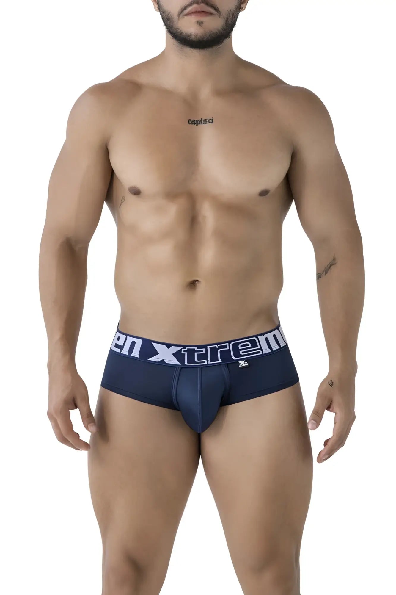 Navy blue Xtremen 41316 microfiber men’s briefs with white xtrem branding on the waistband front view