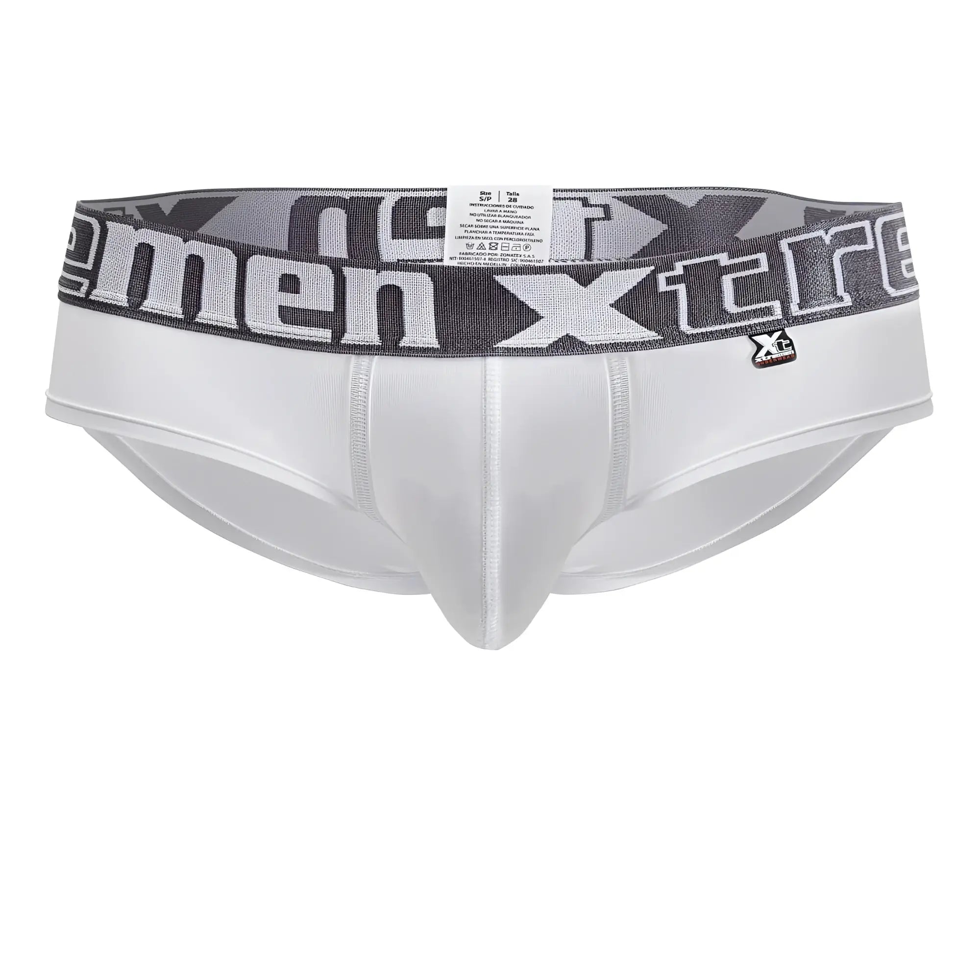 White xtremen 41316 microfiber briefs with gray and black patterned waistband featuring the xtreme logo