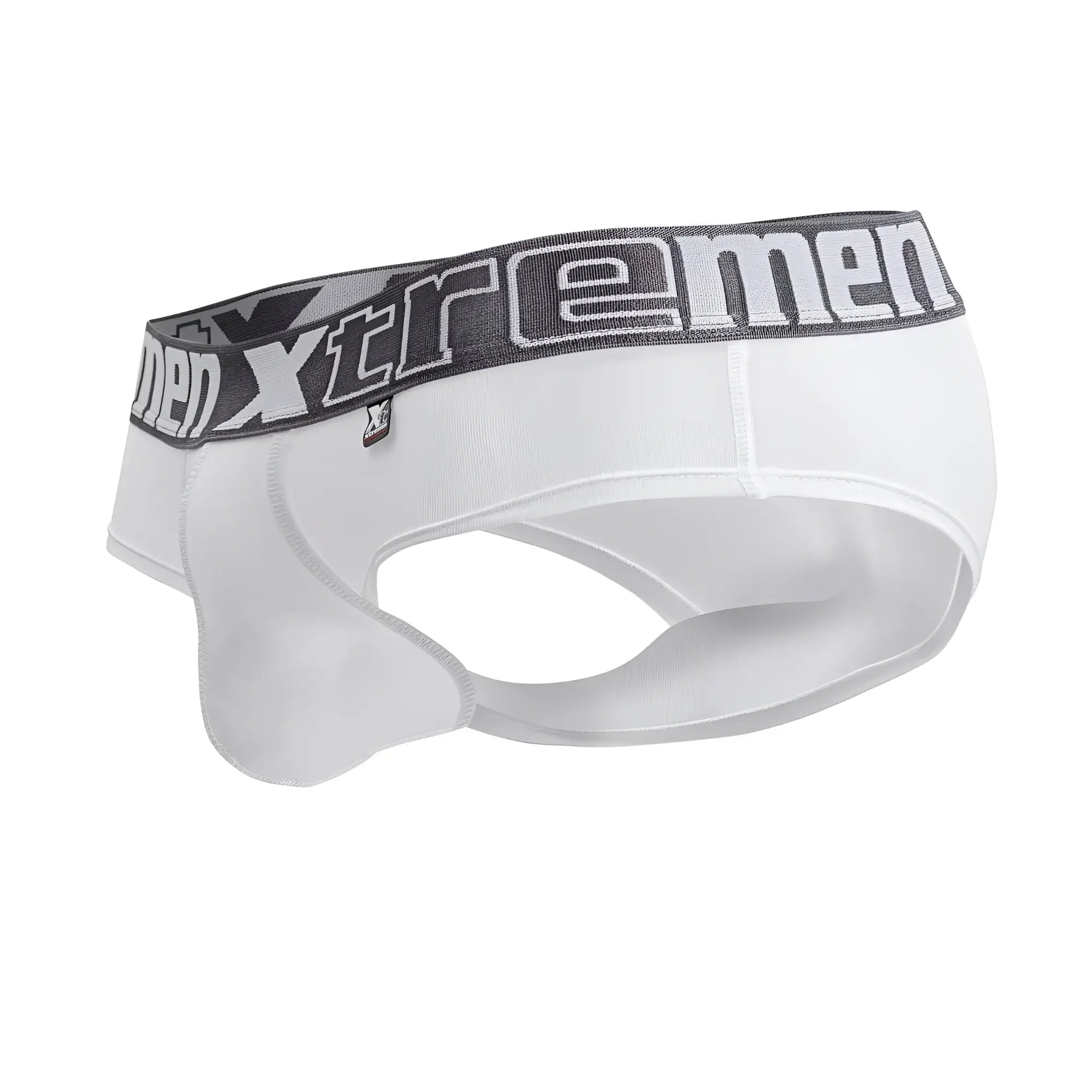 White xtremen 41316 microfiber men’s briefs with gray elastic waistband featuring bold brand name lettering