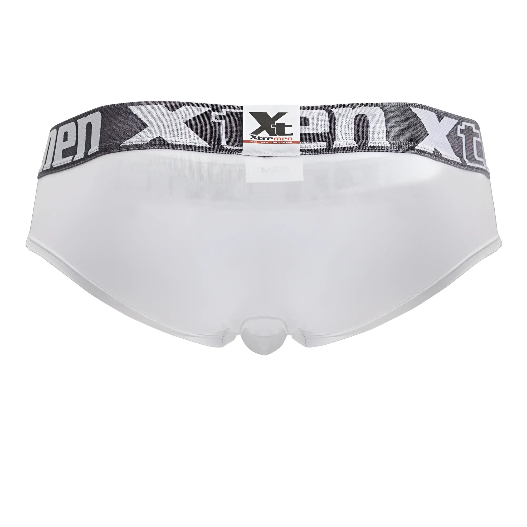 White Xtremen 41316 microfiber men’s briefs with gray elastic waistband featuring black and white brand logo
