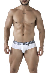 White xtremen 41316 microfiber men’s briefs with gray waistband featuring xtreme logo and xc emblem
