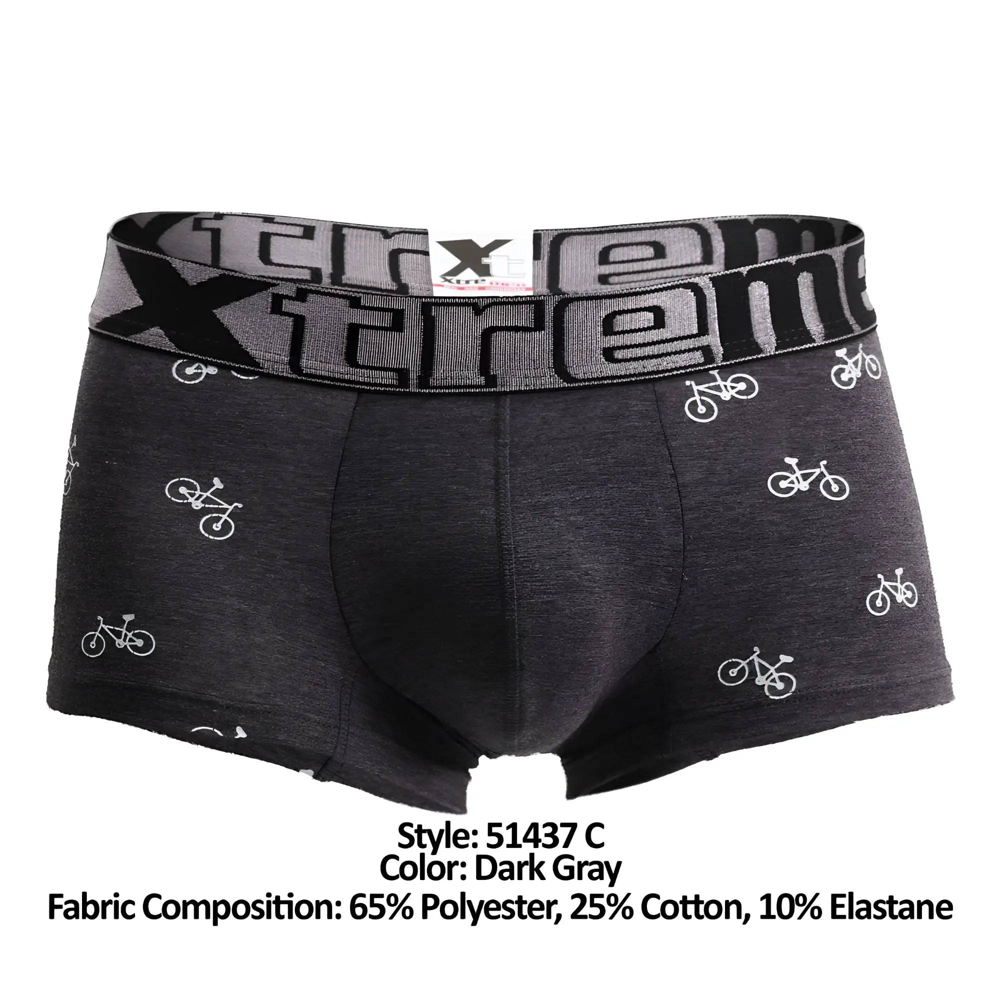 Dark gray xtremen 51437c cycling print boxer briefs with white bicycle pattern and elastic waistband logo