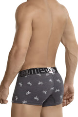 Dark gray xtremen 51437c mens boxer briefs with white bicycle print and black cemex branded waistband
