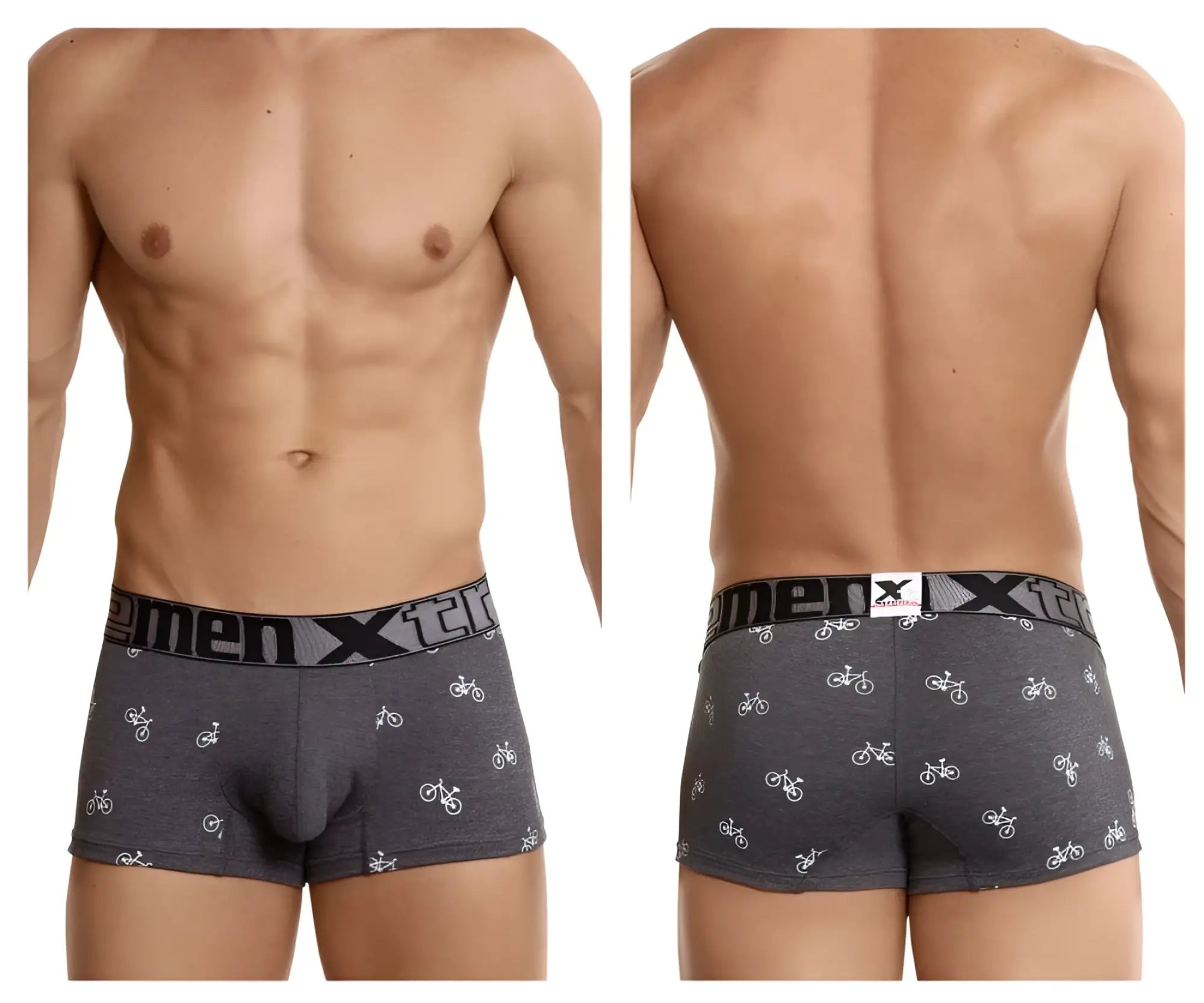 Xtremen 51437c dark gray menx cycling print boxer briefs with white bicycle pattern and elastic waistband