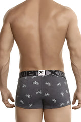 Gray xtremen cycling print boxer briefs with white bicycle pattern and elastic waistband in dark gray color