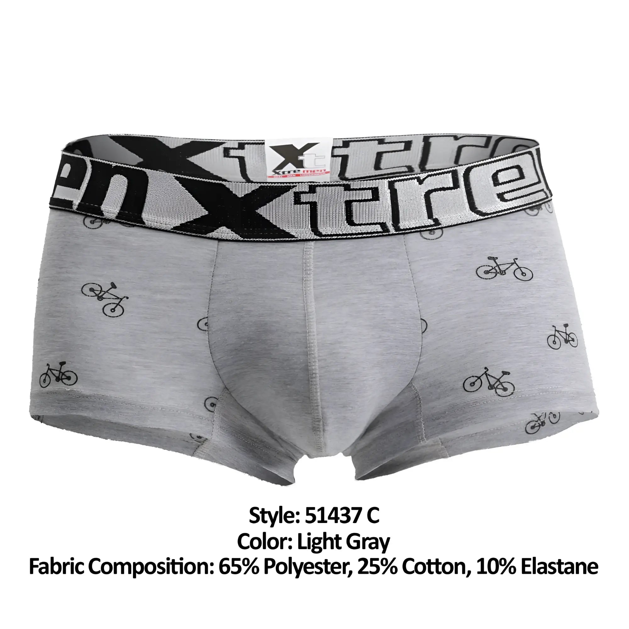 Light gray xtremen 51437c men’s boxer briefs with black bicycle print and elastic waistband for cycling use
