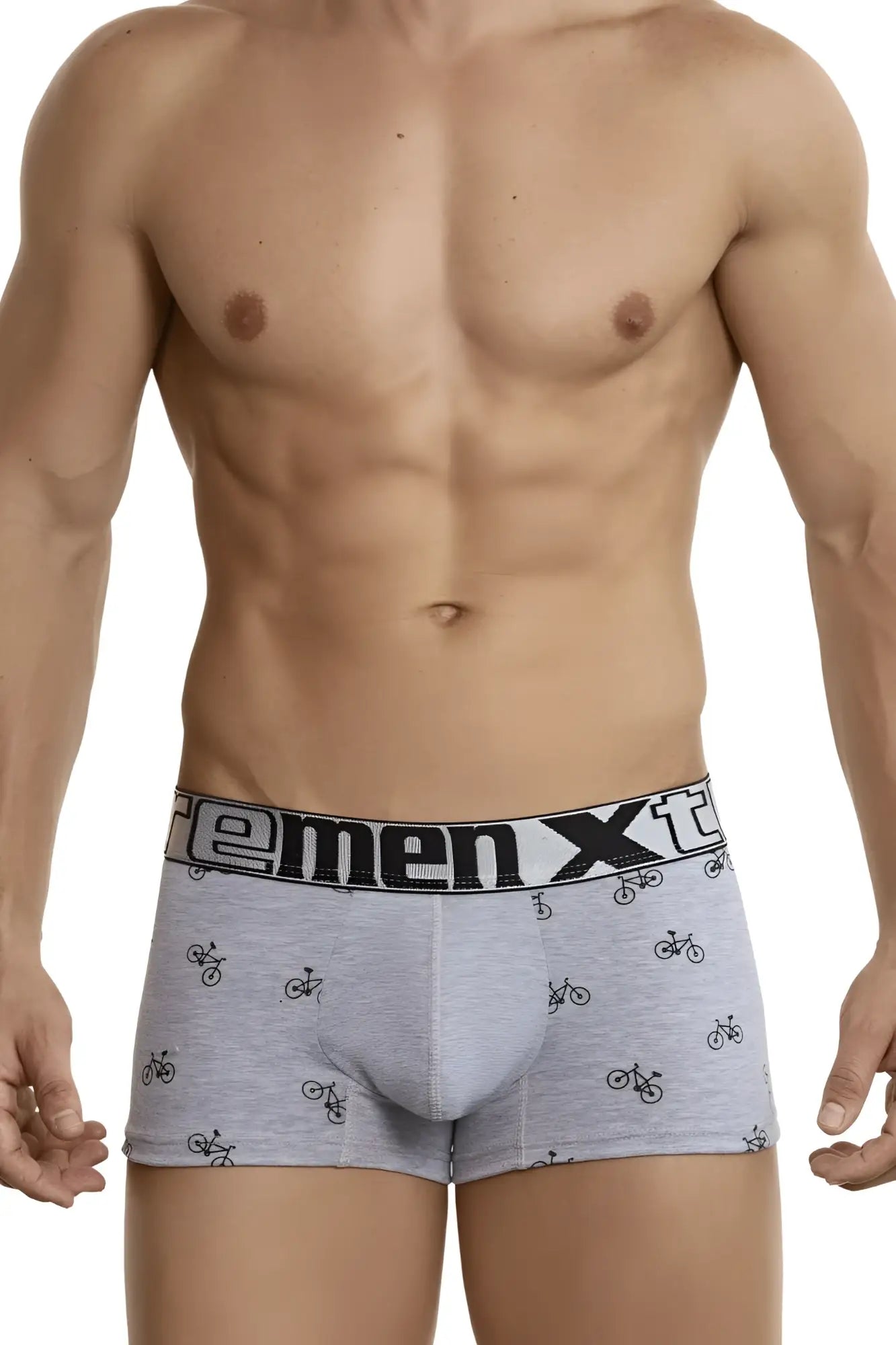 Gray xtremen 51437c cycling print boxer briefs with black bicycle pattern and remenxt branded waistband