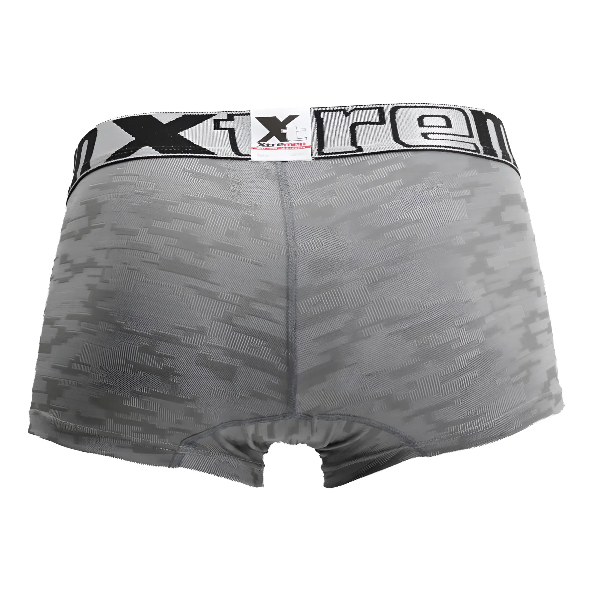 Gray xtremen 51443c jacquard camouflage boxer briefs with black and white elastic waistband and xtreme logo