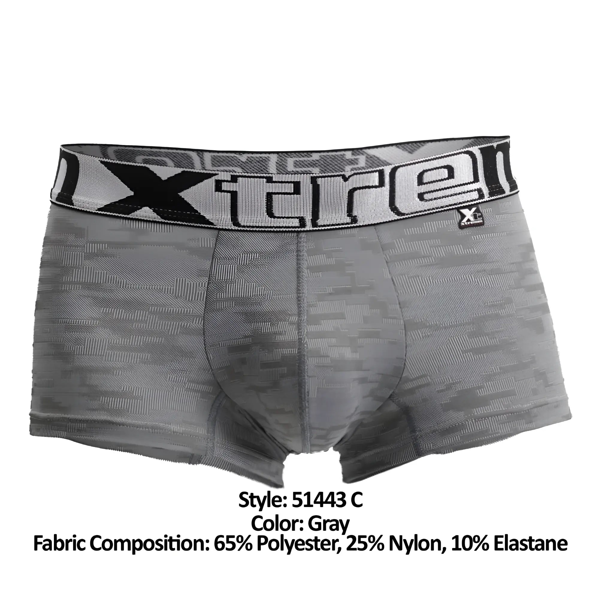 Gray jacquard camouflage boxer briefs with black and white xtremen branded waistband for comfortable wear